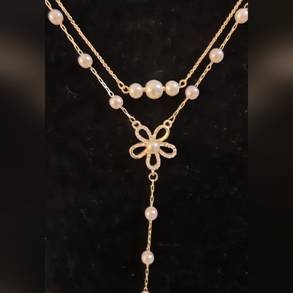 None Jewelry - Set of 2 dainty faux pearl goldtone layering necklaces adjustable length